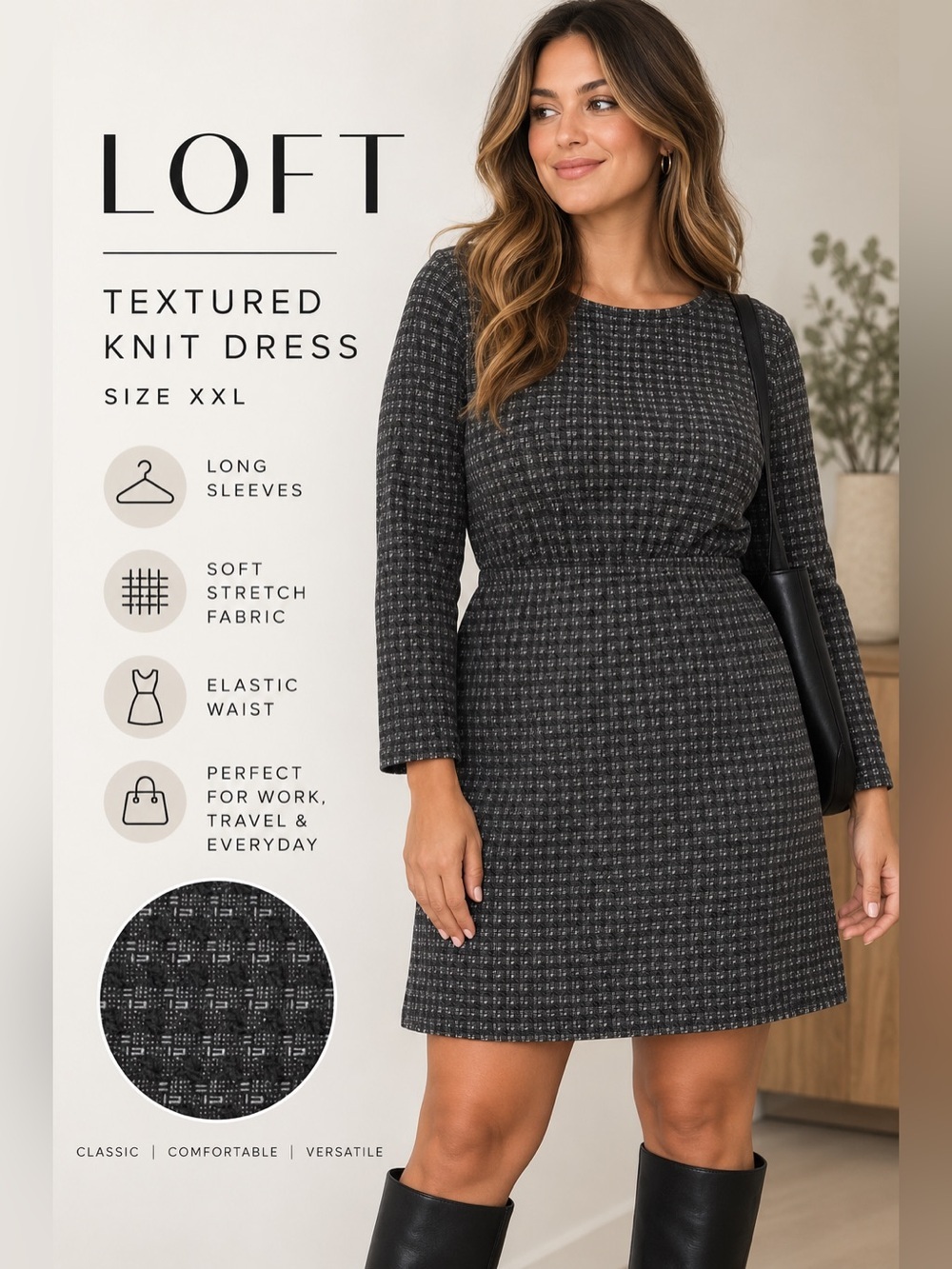 LOFT XXL Gray Textured Knit Dress Long Sleeve Stretch Career Casual Plus